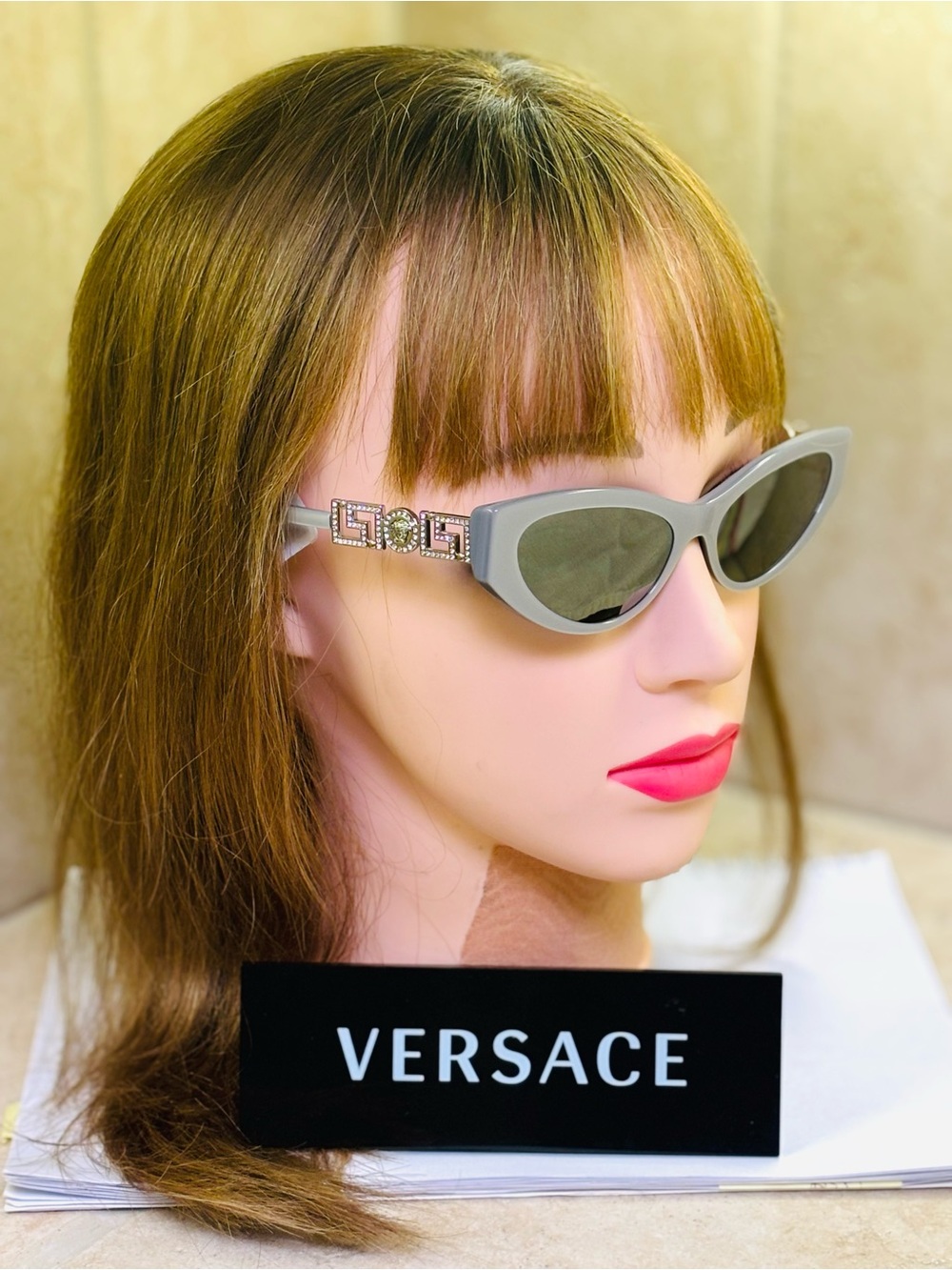 New Versace BE4470N 5474/1U Cat-Eye Sunglasses in Pearl Gray/Mirror lenses